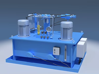 Blue Hydraulic Industrial Equipment With Dual Motors Pipes Gauges And Valves On Stable Base 3d model