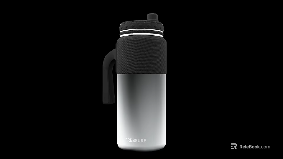 Stylish TREASURE Stainless Steel Tumbler With Silver Body Black Lid And Handle 3d model 