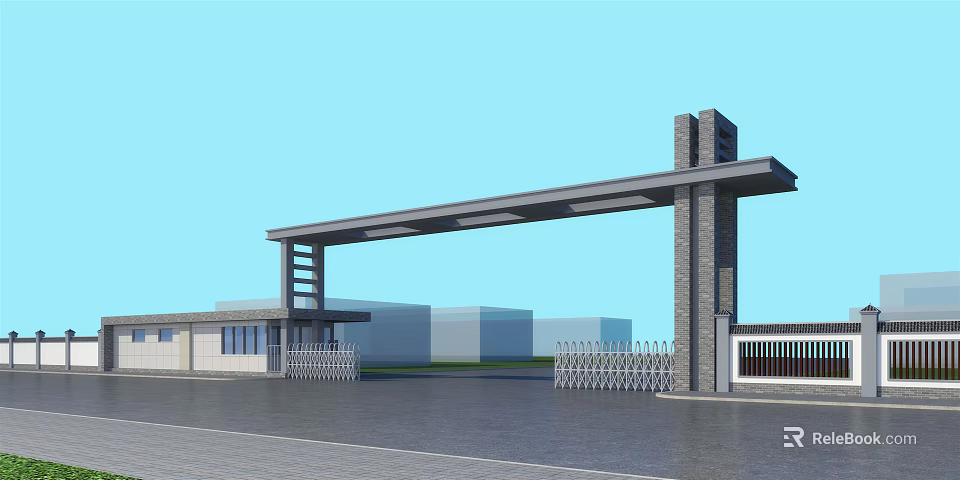 Modern Entrance Gate With Metal Frame Pillars And Automatic Sliding Gates For Industrial Building 3d model 