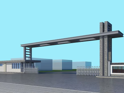 Modern Entrance Gate With Metal Frame Pillars And Automatic Sliding Gates For Industrial Building 3d model
