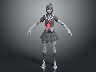Anime School Uniform Style Robot Girl With Black Short Hair Red Tie And Mechanical Limbs 3d model