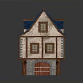 Traditional Half Timbered House Exterior With Blue Roof Wooden Frames And Stone Walls