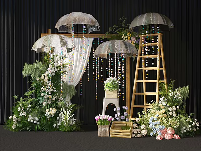 Elegant Floral Display with Arch Umbrella Decorations Green Plants and Fresh Flowers 3d model