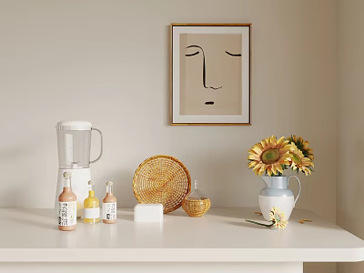Tableware Set With Wicker Plate And Glass Container On White Countertop Blender Sunflowers And Painting 3d model