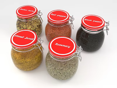 Glass Spice Jars With Red Lids And White Labels For Various Kitchen Spices 3d model