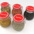 Glass Spice Jars With Red Lids And White Labels For Various Kitchen Spices