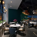 Modern Restaurant Interior With Chef At Bar Counter Green Walls Round Pendant Lights And Plants