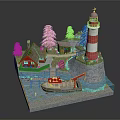 Cartoon Scene With Red And White Lighthouse Small Wooden Houses Pine Trees And Boat On Water
