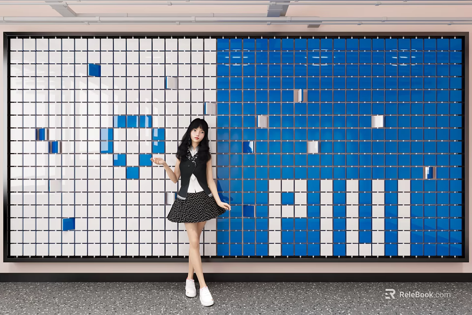 Creative Wall Decor with White and Blue Square Tiles Panel Design in Modern Space 3d model 