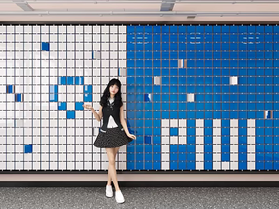 Creative Wall Decor with White and Blue Square Tiles Panel Design in Modern Space 3d model