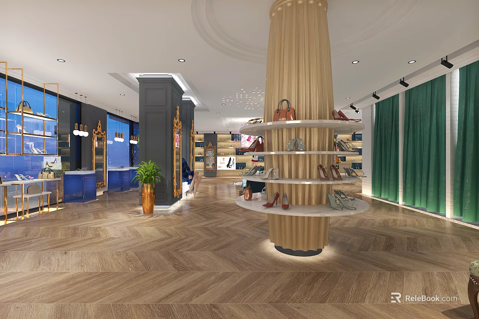 Elegant Shoe Bag Store Interior With Modern Design Wooden Column Display Shelves And Green Plant 3d model 