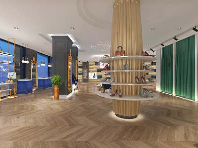 Elegant Shoe Bag Store Interior With Modern Design Wooden Column Display Shelves And Green Plant 3d model