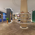 Elegant Shoe Bag Store Interior With Modern Design Wooden Column Display Shelves And Green Plant