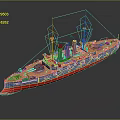 Vintage Blue And Red Warship Model With Multiple Masts And Smokestacks 3d model