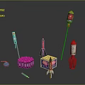 Various Fireworks Equipment Including Rocket Shaped Devices Cylindrical Firecrackers Square Box And Colorful Decorations