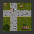 Cartoon Scene with Many People Doing Various Activities Around Pavilion Small Hut Green Trees and Grass