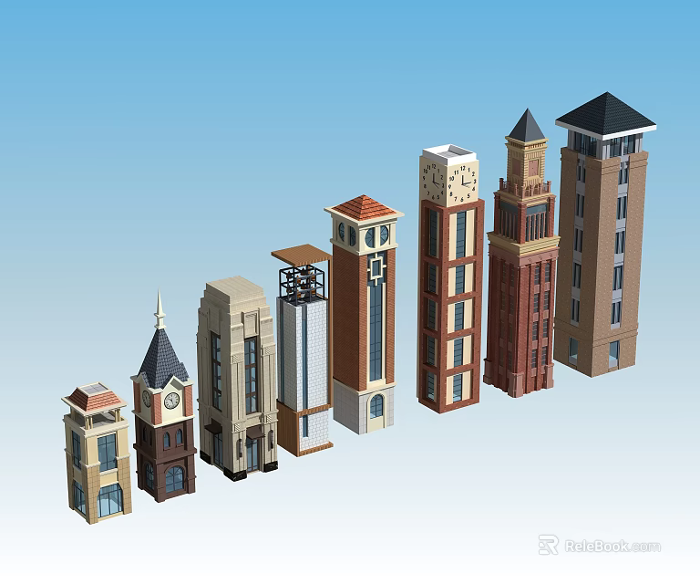 Various Architectural Tower Models With Different Styles Spires And Clock Designs 3d model 
