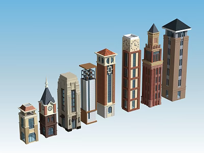 Various Architectural Tower Models With Different Styles Spires And Clock Designs 3d model