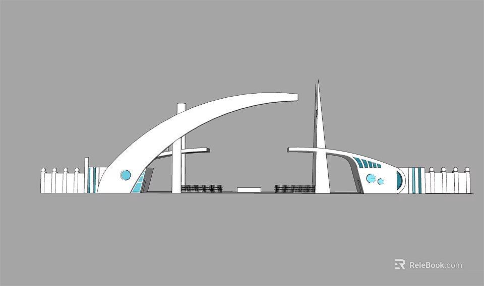 Sleek Modern Entrance Gate Design With Curved Arch And Glass Accents 3d model 