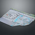 Detailed Miniature Model Scene With Stone Paved Path Water Area And Red Marker