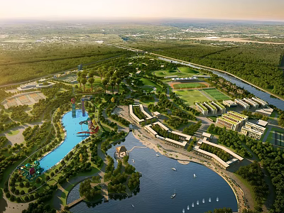 Aerial View of Park Landscape with Scenic Lake Green Trees Buildings and Recreational Areas 3d model