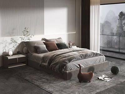 Double Bed Modern Bedroom Design With Striped Wall Plush Pillows Soft Rug And Mountain View 3d model