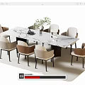Elegant Dining Table Set With Marble Tabletop Beige Brown Chairs And Potted Plant 3d model
