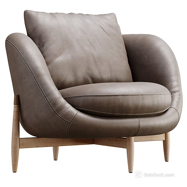 Modern Gray Leather Armchair with Wooden Legs and Comfortable Seating Design 3d model 