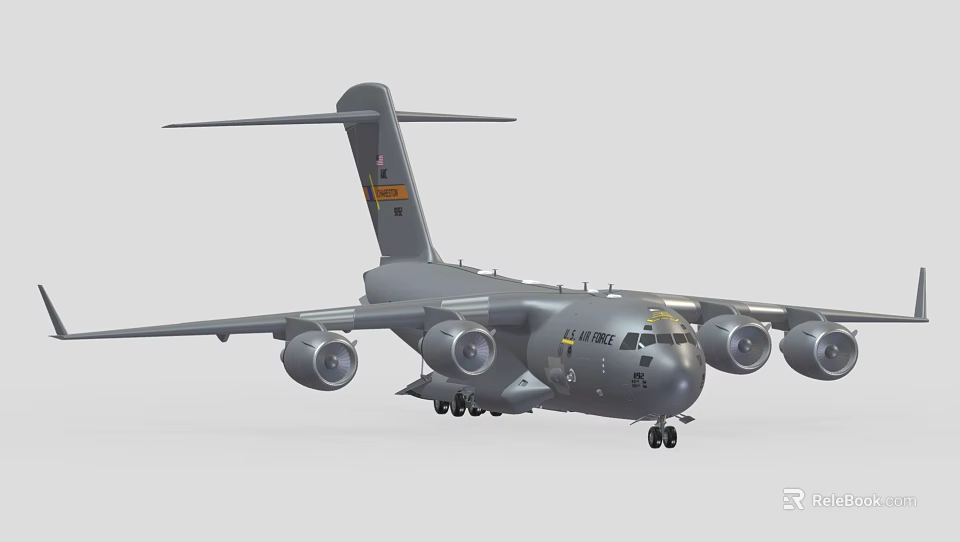 Gray Large Commercial Airliner With Four Engines Tail Logo And Landing Gear 3d model 