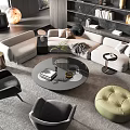 Modern Sofa Coffee Table Combination With Round Coffee Table Rugs Floor Lamp And Green Plants