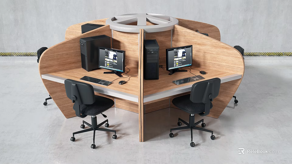 Modern Wooden Office Desk With Curved Design Dual Workstations Black Chairs And Computers 3d model 