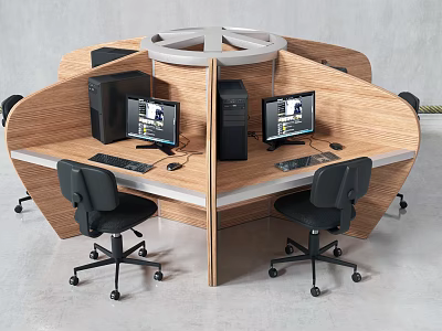 Modern Wooden Office Desk With Curved Design Dual Workstations Black Chairs And Computers 3d model