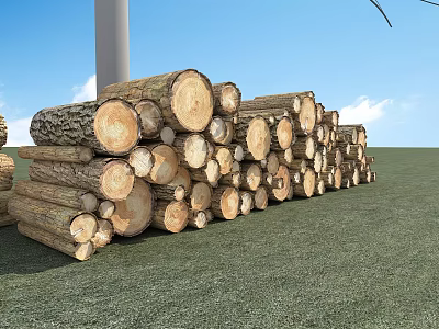 Garden Landscape With Stacked Logs on Green Grass Blue Sky and Gray Pillar 3d model