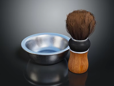 Metal Bowl With Wooden Handle Brush On Black Reflective Surface 3d model