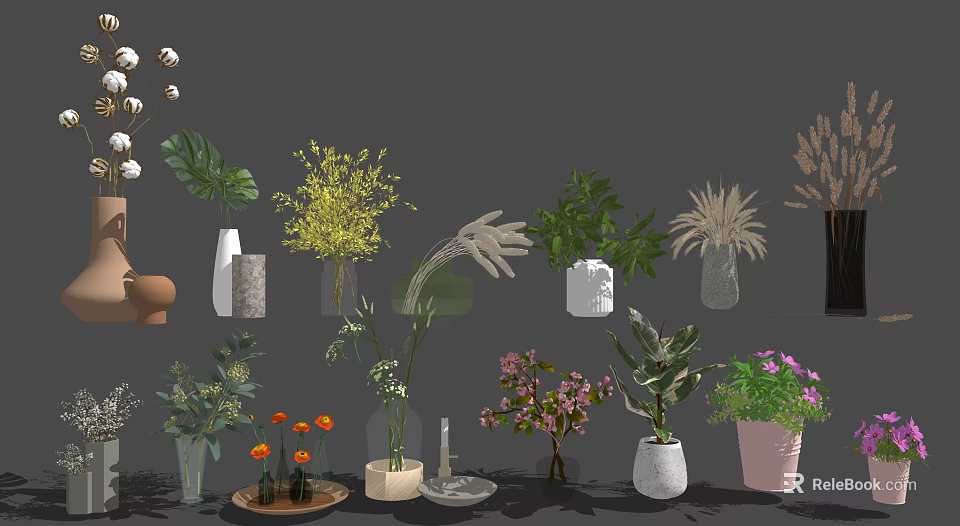 Decorative Vase Flowers With Various Green Plants And Colorful Blooms For Indoor 3d model 