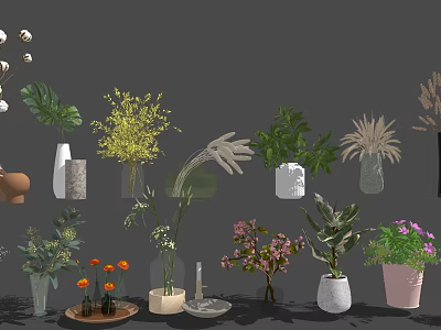 Decorative Vase Flowers With Various Green Plants And Colorful Blooms For Indoor 3d model
