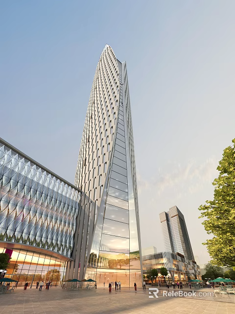 Modern Office Building With Glass Facade Geometric Design And Urban Skyline View 3d model 