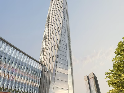 Modern Office Building With Glass Facade Geometric Design And Urban Skyline View 3d model