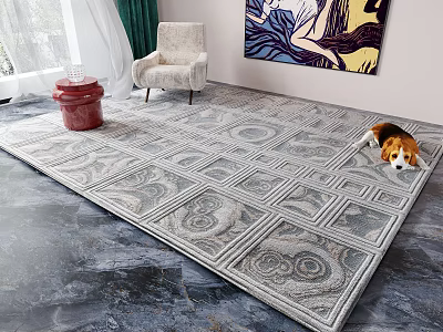 Square Patterned Area Rug In Living Room With Decor And Dog 3d model