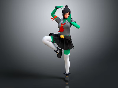 Game Movie Character In Dynamic Pose With Green Sleeves Gray Top Red Scarf And Black Skirt 3d model