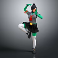 Game Movie Character In Dynamic Pose With Green Sleeves Gray Top Red Scarf And Black Skirt