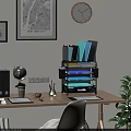 Neat Office Desk Setup Featuring File Organizer Globe Coffee Cup Tablet And Plant
