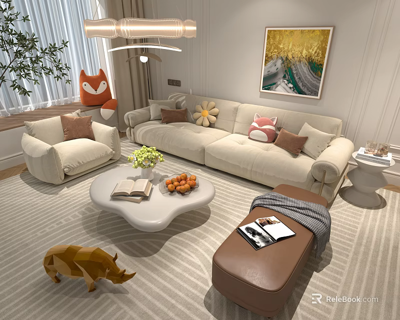 Modern Cream Style Fabric Sofa And Irregular Coffee Table Combination For Cozy Home Living Room 3d model 