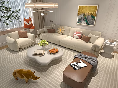 Modern Cream Style Fabric Sofa And Irregular Coffee Table Combination For Cozy Home Living Room 3d model