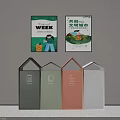 Public Facilities Featuring Four Colored Trash Bins With Classification Signs And Posters 3d model
