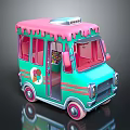 Turquoise and pink vintage mobile ice cream vending functional vehicle with ice cream graphic