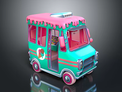 Turquoise and pink vintage mobile ice cream vending functional vehicle with ice cream graphic 3d model
