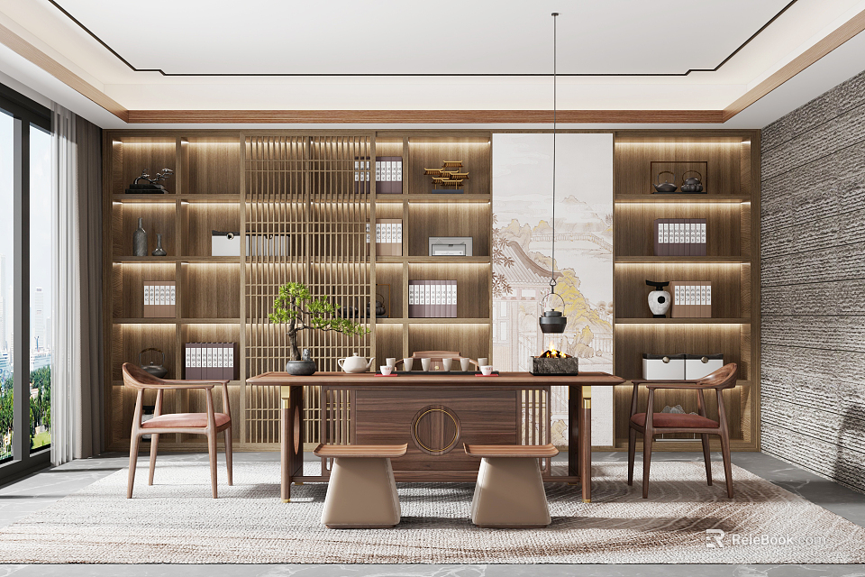 Traditional Tea Room with Wooden Shelves Wooden Table Chairs Tea Set Green Plant Decorative Painting 3d model 