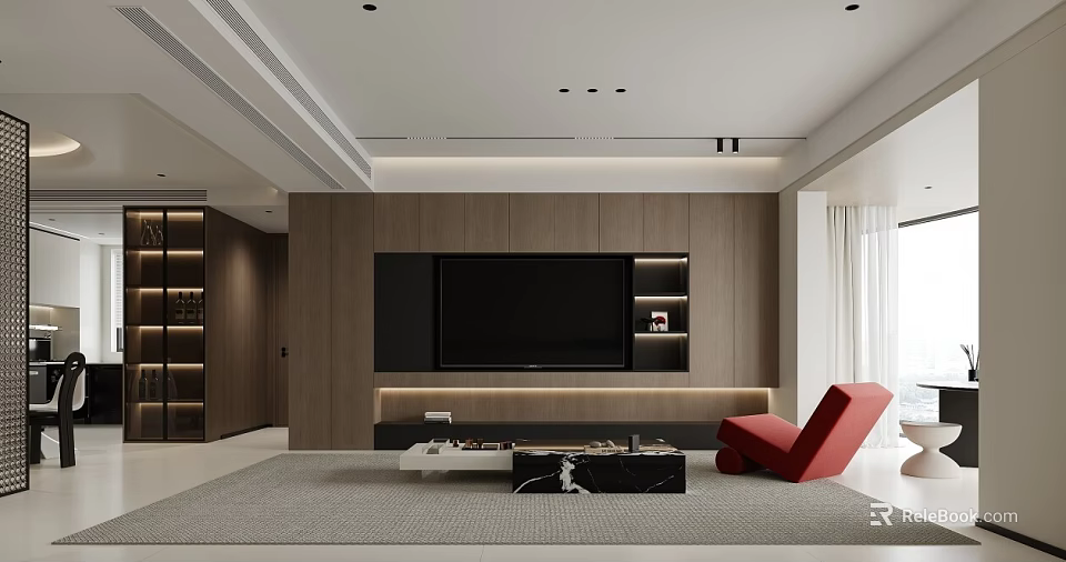 Modern Living And Dining Room Interior With Wooden TV Wall Red Sofa And Coffee Table 3d model 