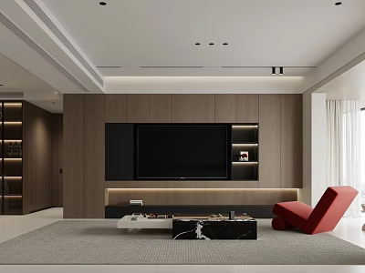 Modern Living And Dining Room Interior With Wooden TV Wall Red Sofa And Coffee Table 3d model